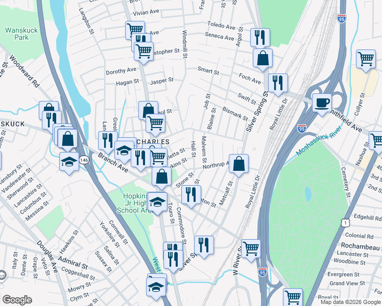 map of restaurants, bars, coffee shops, grocery stores, and more near 50 Malvern Street in Providence