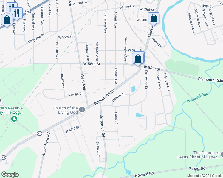 map of restaurants, bars, coffee shops, grocery stores, and more near 5917 Adams Avenue in Ashtabula