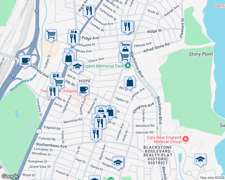 map of restaurants, bars, coffee shops, grocery stores, and more near 176 8th Street in Providence