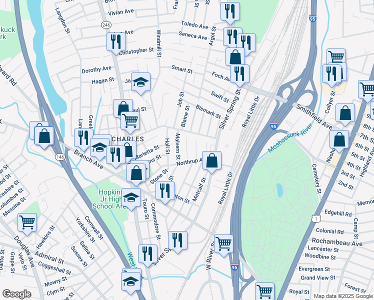 map of restaurants, bars, coffee shops, grocery stores, and more near 45 Vaughan Street in Providence