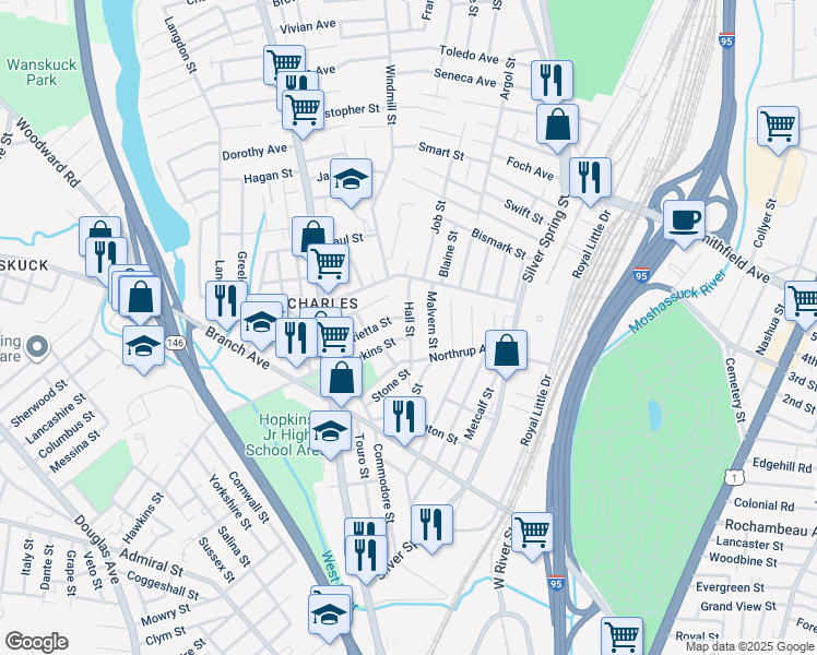 map of restaurants, bars, coffee shops, grocery stores, and more near 50 Malvern Street in Providence
