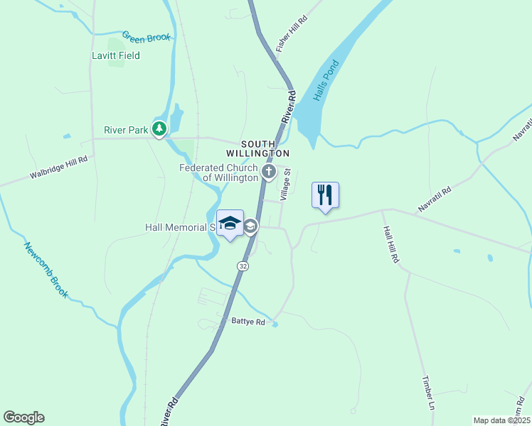 map of restaurants, bars, coffee shops, grocery stores, and more near 124 River Road in Willington