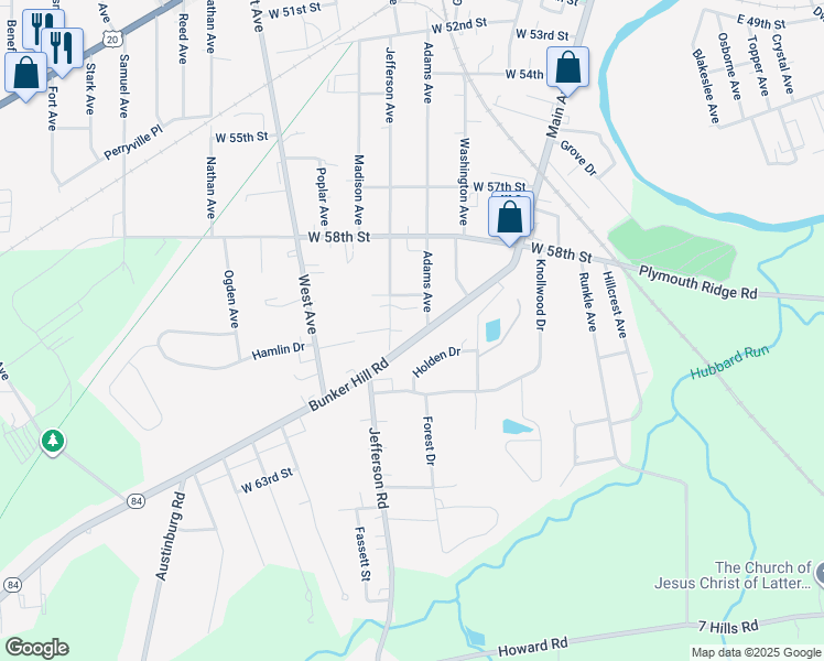 map of restaurants, bars, coffee shops, grocery stores, and more near 5917 Adams Avenue in Ashtabula