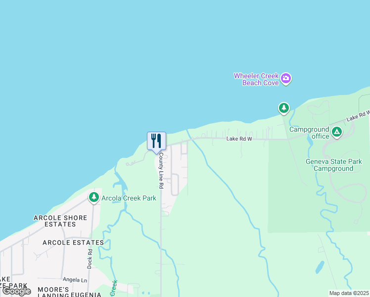 map of restaurants, bars, coffee shops, grocery stores, and more near 6785 Lake Road West in Geneva