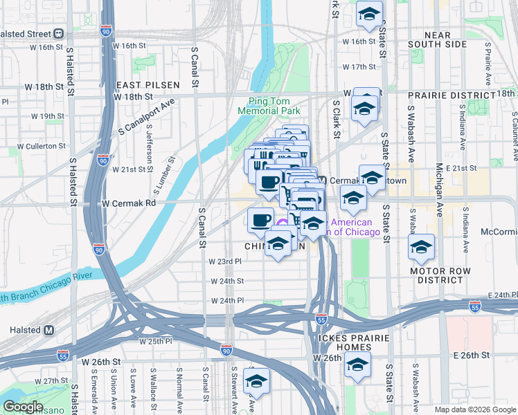 map of restaurants, bars, coffee shops, grocery stores, and more near 261 West Cermak Road in Chicago