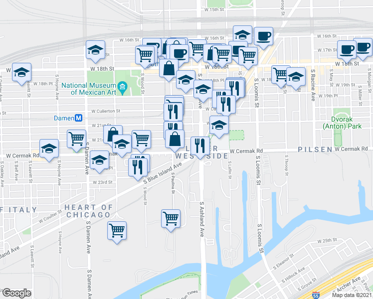 map of restaurants, bars, coffee shops, grocery stores, and more near 1633 West 21st Place in Chicago