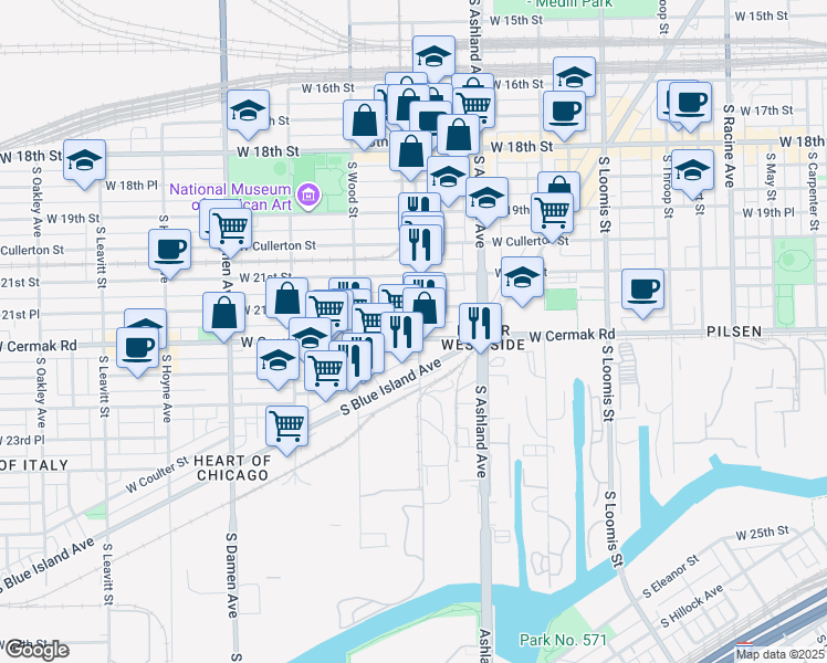 map of restaurants, bars, coffee shops, grocery stores, and more near 1709 West 21st Place in Chicago