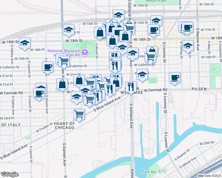 map of restaurants, bars, coffee shops, grocery stores, and more near 1709 West 21st Place in Chicago