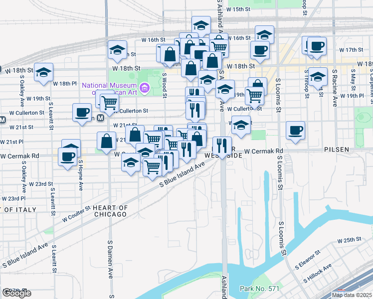 map of restaurants, bars, coffee shops, grocery stores, and more near 1709 West 21st Place in Chicago