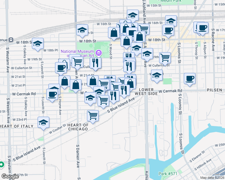 map of restaurants, bars, coffee shops, grocery stores, and more near 1800 West Cermak Road in Chicago