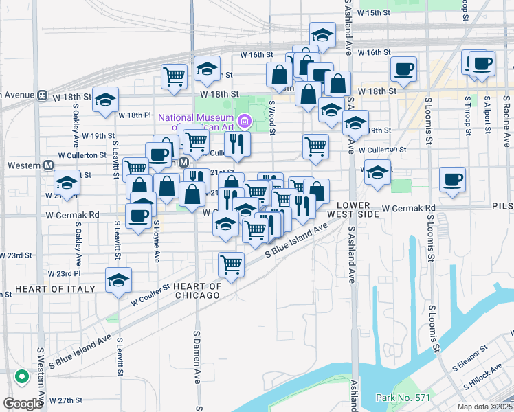 map of restaurants, bars, coffee shops, grocery stores, and more near 1823 West 21st Place in Chicago