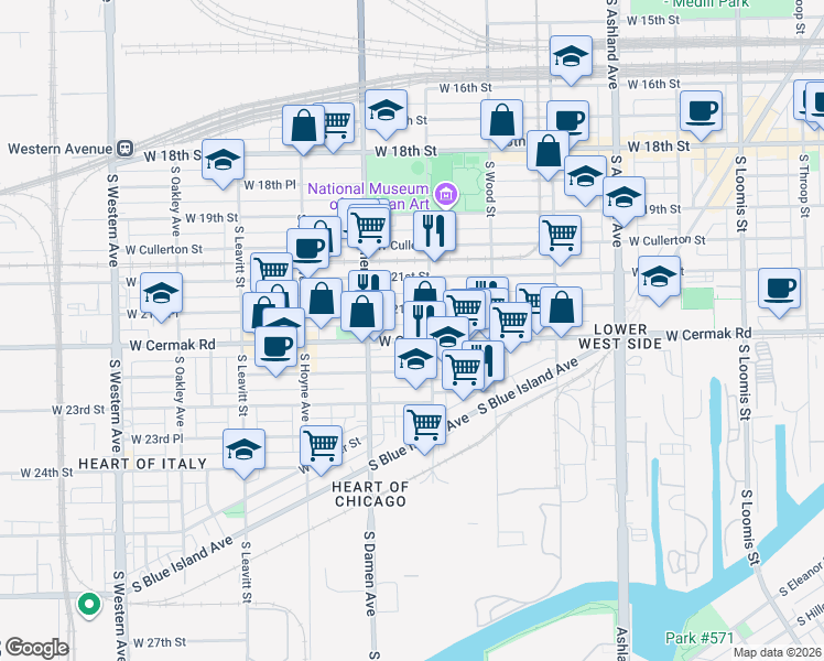 map of restaurants, bars, coffee shops, grocery stores, and more near 1901 West 21st Place in Chicago