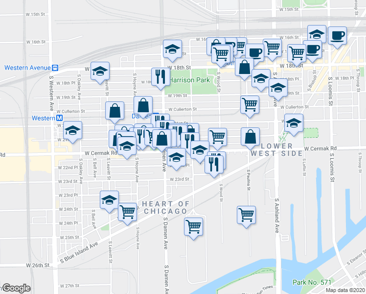 map of restaurants, bars, coffee shops, grocery stores, and more near 1901 West 21st Place in Chicago