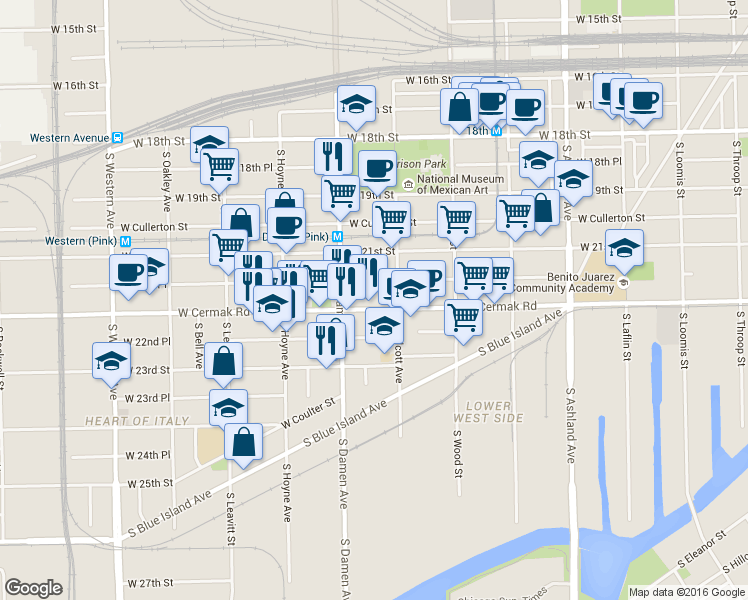 map of restaurants, bars, coffee shops, grocery stores, and more near 1956 West 21st Place in Chicago