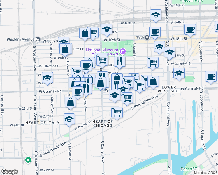 map of restaurants, bars, coffee shops, grocery stores, and more near 1956 West 21st Place in Chicago