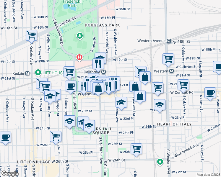 map of restaurants, bars, coffee shops, grocery stores, and more near 2122 South Fairfield Avenue in Chicago