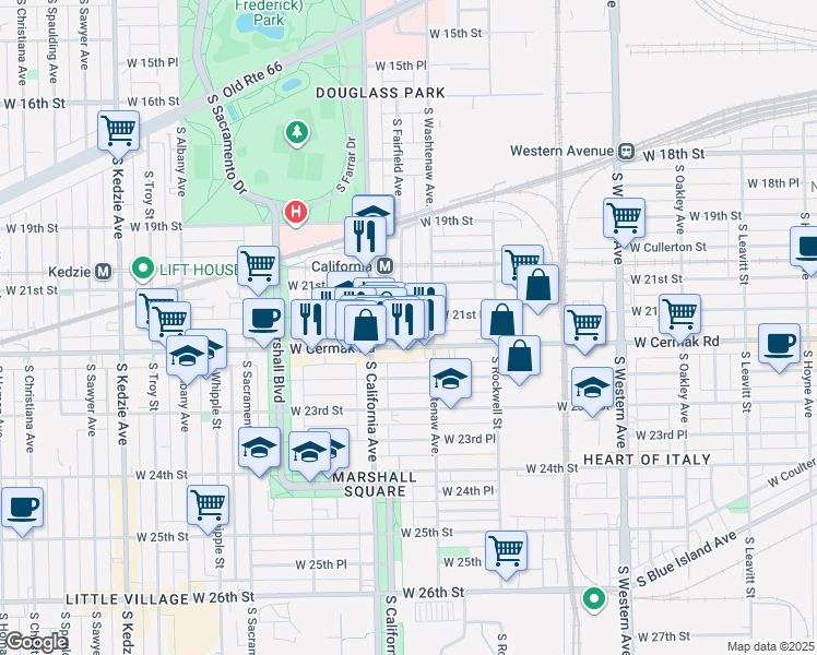 map of restaurants, bars, coffee shops, grocery stores, and more near 2122 South Fairfield Avenue in Chicago