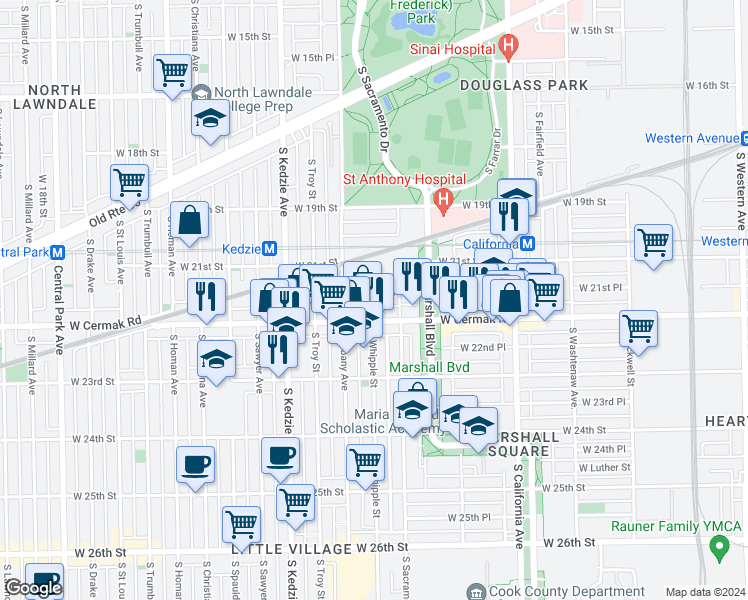 map of restaurants, bars, coffee shops, grocery stores, and more near 2119 South Albany Avenue in Chicago