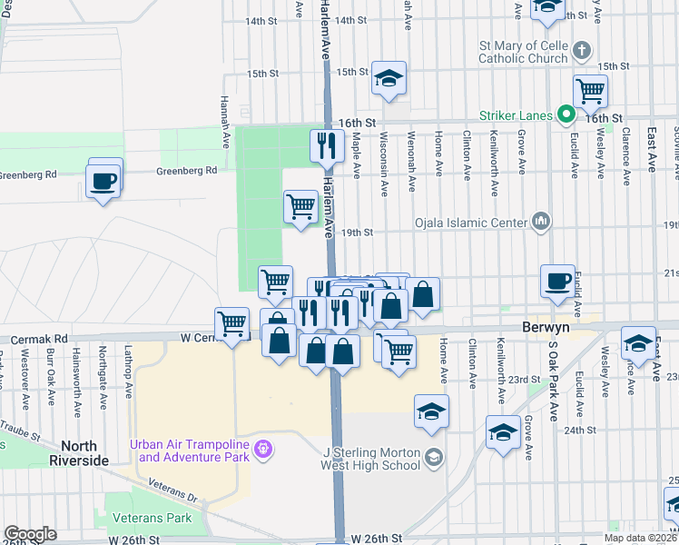 map of restaurants, bars, coffee shops, grocery stores, and more near 1900 Harlem Avenue in North Riverside