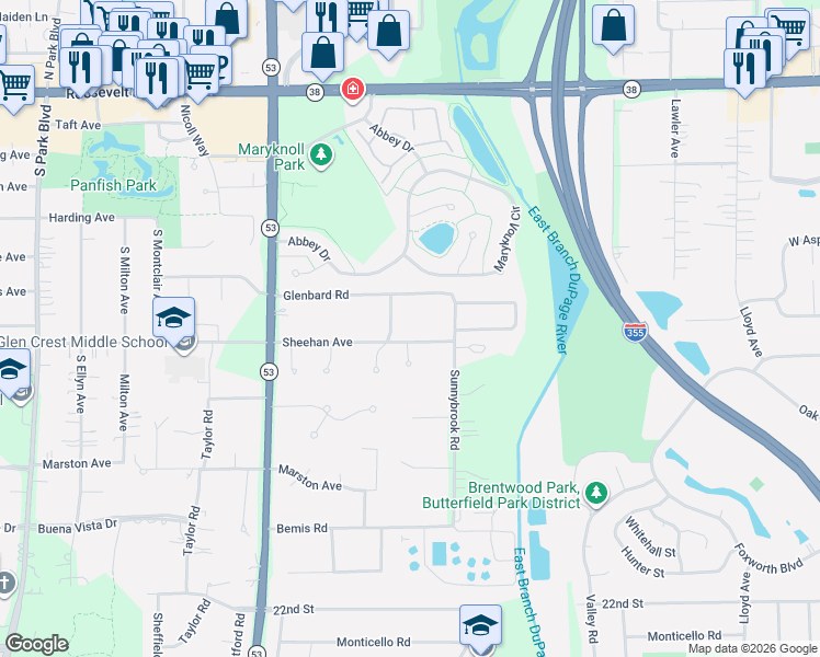 map of restaurants, bars, coffee shops, grocery stores, and more near 911 Glenbard Road in Glen Ellyn