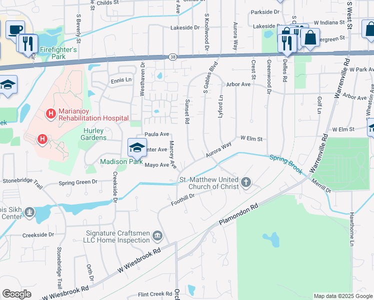 map of restaurants, bars, coffee shops, grocery stores, and more near 1207 Sunset Road in Wheaton