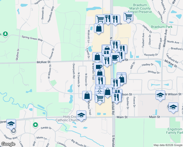 map of restaurants, bars, coffee shops, grocery stores, and more near 141 North Barton Trail in Batavia