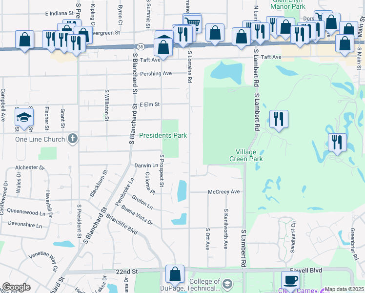 map of restaurants, bars, coffee shops, grocery stores, and more near 1338 South Lorraine Road in Wheaton
