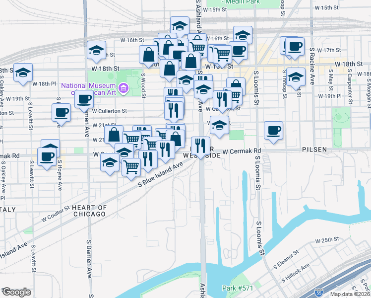 map of restaurants, bars, coffee shops, grocery stores, and more near 1634 West Cermak Road in Chicago