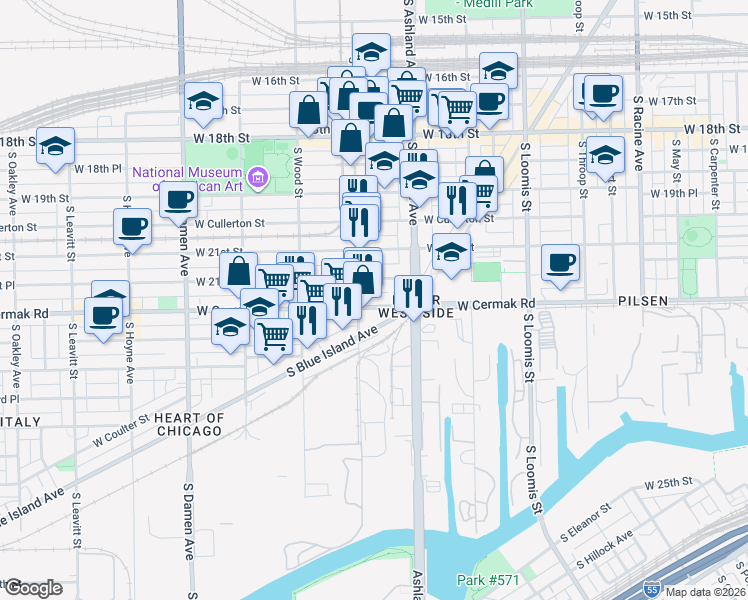 map of restaurants, bars, coffee shops, grocery stores, and more near 1633 West 21st Place in Chicago