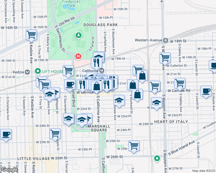 map of restaurants, bars, coffee shops, grocery stores, and more near 2122 South Fairfield Avenue in Chicago