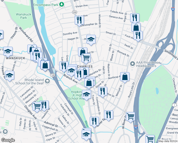map of restaurants, bars, coffee shops, grocery stores, and more near 11 Gillen Street in Providence