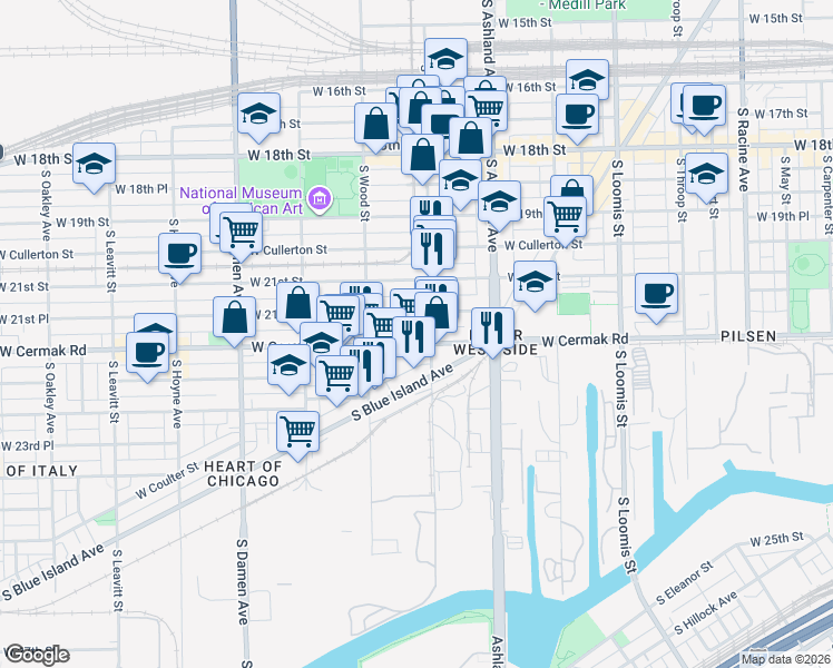 map of restaurants, bars, coffee shops, grocery stores, and more near 1708 West Cermak Road in Chicago