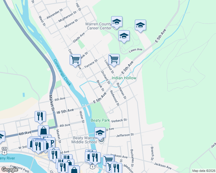 map of restaurants, bars, coffee shops, grocery stores, and more near 13 Orchard St in Warren