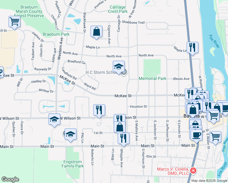 map of restaurants, bars, coffee shops, grocery stores, and more near 305 North Van Nortwick Avenue in Batavia
