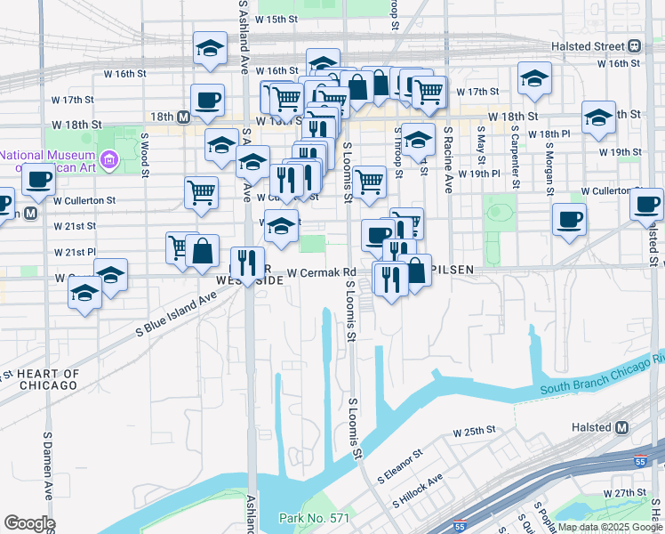 map of restaurants, bars, coffee shops, grocery stores, and more near 2124 West Cermak Road in Chicago