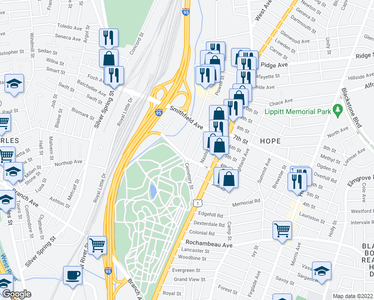 map of restaurants, bars, coffee shops, grocery stores, and more near 12 Collyer Street in Providence