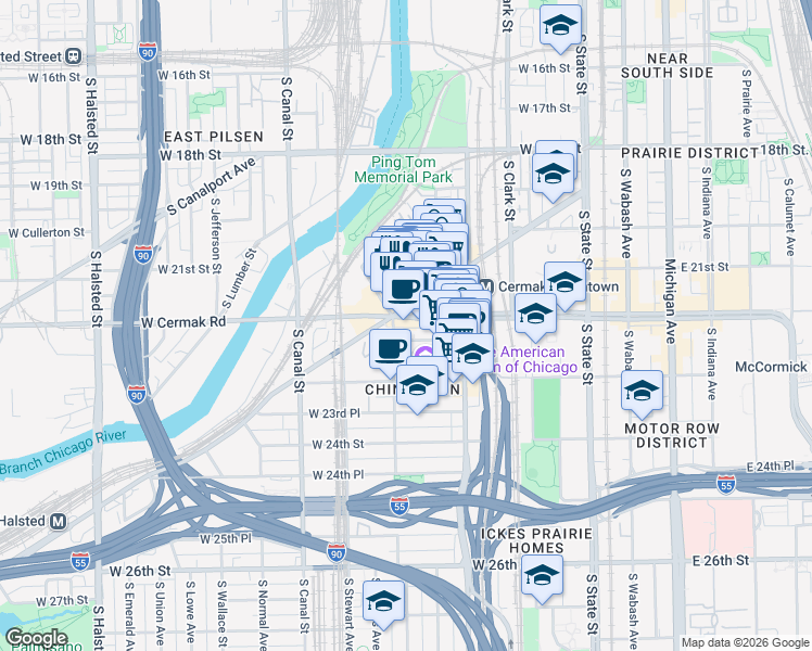 map of restaurants, bars, coffee shops, grocery stores, and more near 261 West Cermak Road in Chicago