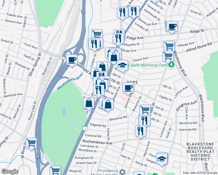 map of restaurants, bars, coffee shops, grocery stores, and more near 25 7th Street in Providence