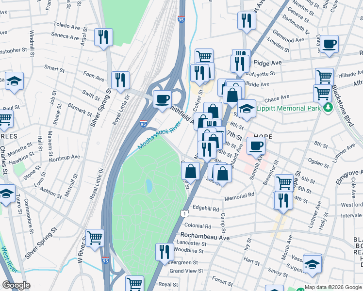 map of restaurants, bars, coffee shops, grocery stores, and more near 4 Collyer Street in Providence