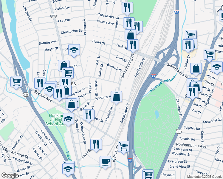 map of restaurants, bars, coffee shops, grocery stores, and more near 36 Edward Street in Providence