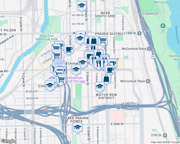 map of restaurants, bars, coffee shops, grocery stores, and more near 2 East Cermak Road in Chicago