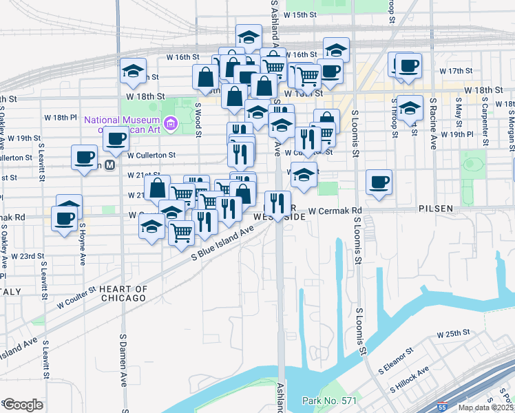 map of restaurants, bars, coffee shops, grocery stores, and more near 1633 West 21st Place in Chicago
