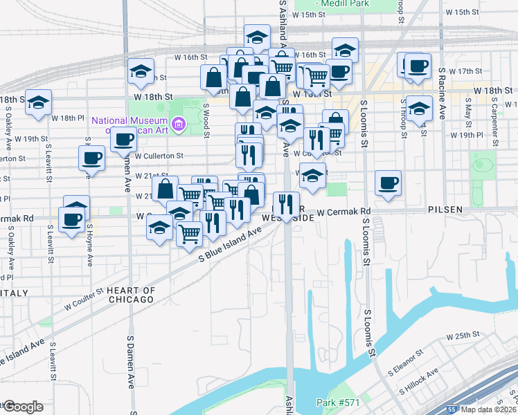 map of restaurants, bars, coffee shops, grocery stores, and more near 1633 West 21st Place in Chicago