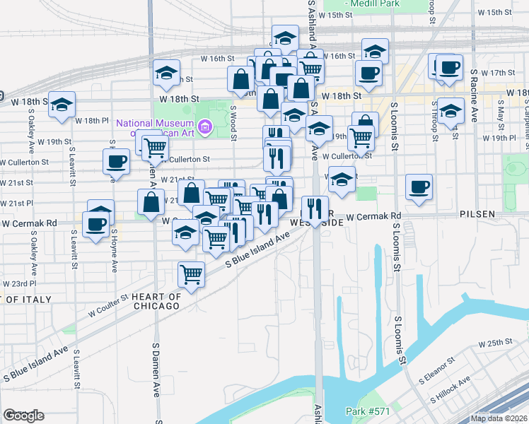 map of restaurants, bars, coffee shops, grocery stores, and more near 1709 West 21st Place in Chicago