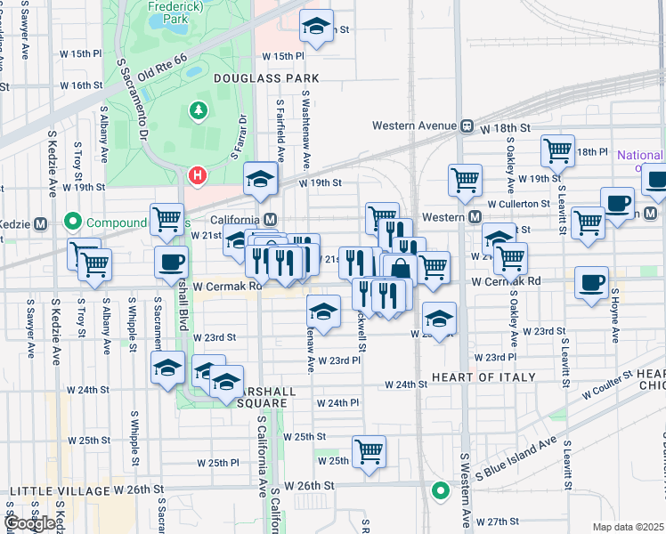 map of restaurants, bars, coffee shops, grocery stores, and more near 2622 West 21st Place in Chicago