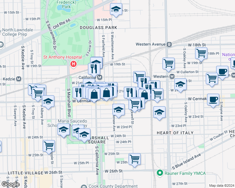 map of restaurants, bars, coffee shops, grocery stores, and more near 2658 West 21st Place in Chicago