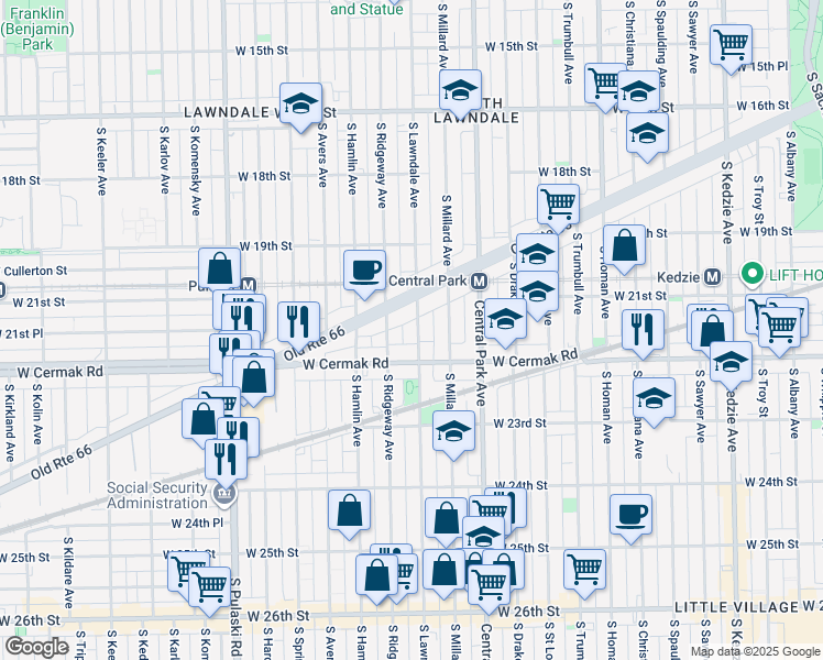 map of restaurants, bars, coffee shops, grocery stores, and more near 2123 South Lawndale Avenue in Chicago
