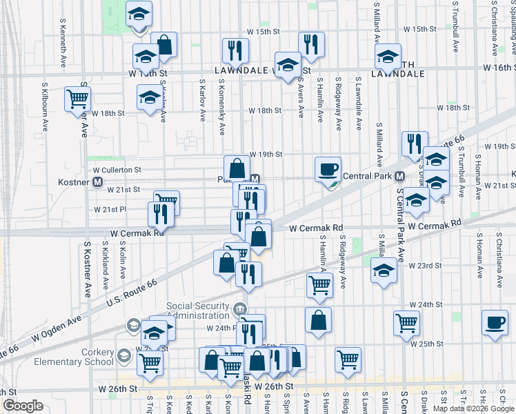 map of restaurants, bars, coffee shops, grocery stores, and more near 2113 South Pulaski Road in Chicago