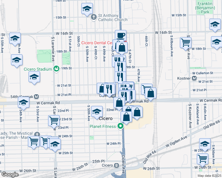 map of restaurants, bars, coffee shops, grocery stores, and more near 2101 48th Court in Cicero