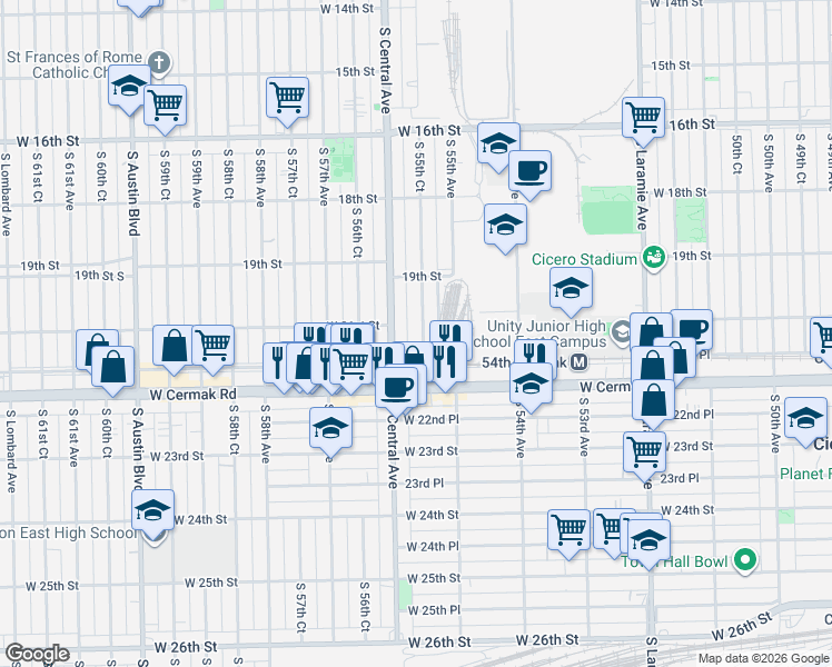map of restaurants, bars, coffee shops, grocery stores, and more near 1931 South Central Avenue in Cicero